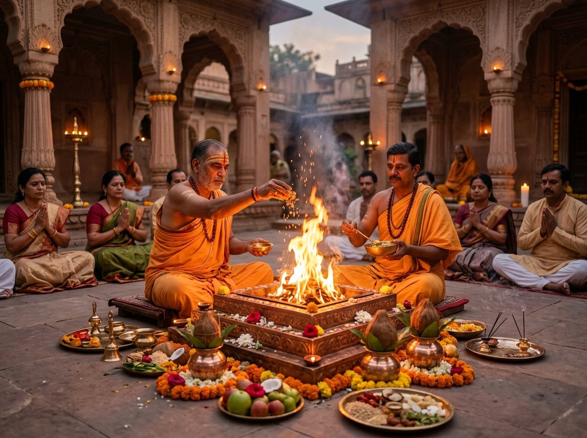 Sacred Vedic ritual in temple grounds